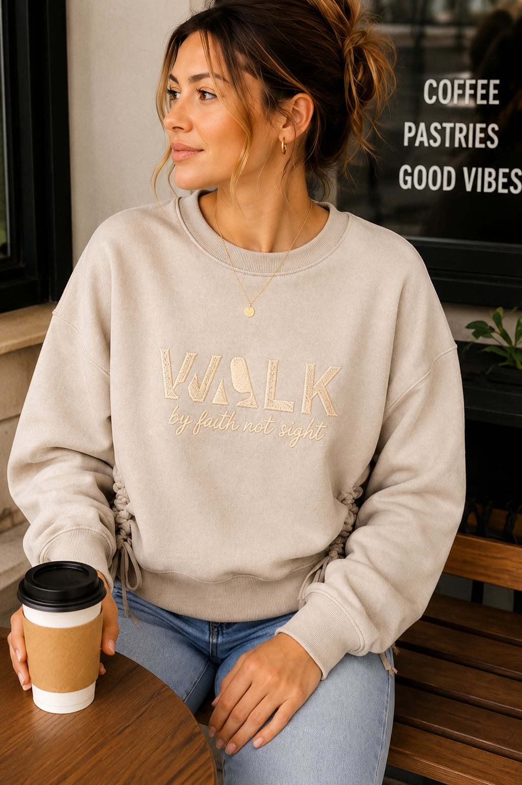 The Walk By Faith™ Embroidered Side Tie Sweatshirt | Champagne