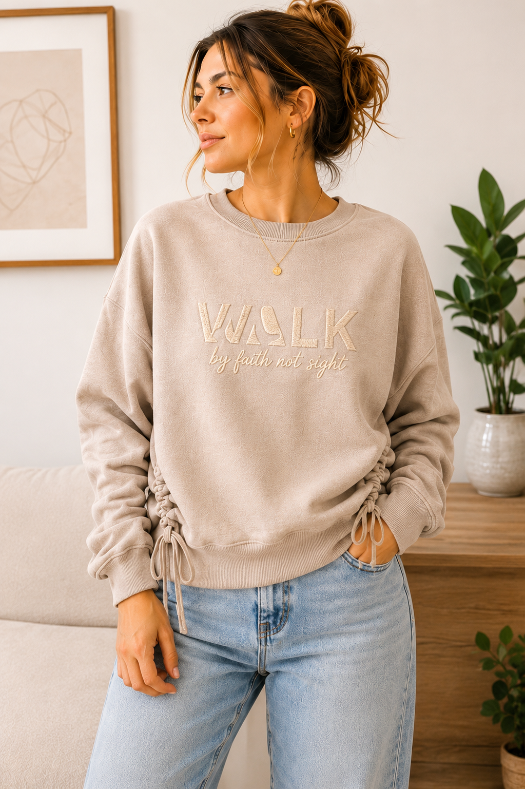 The Walk By Faith™ Embroidered Side Tie Sweatshirt | Champagne