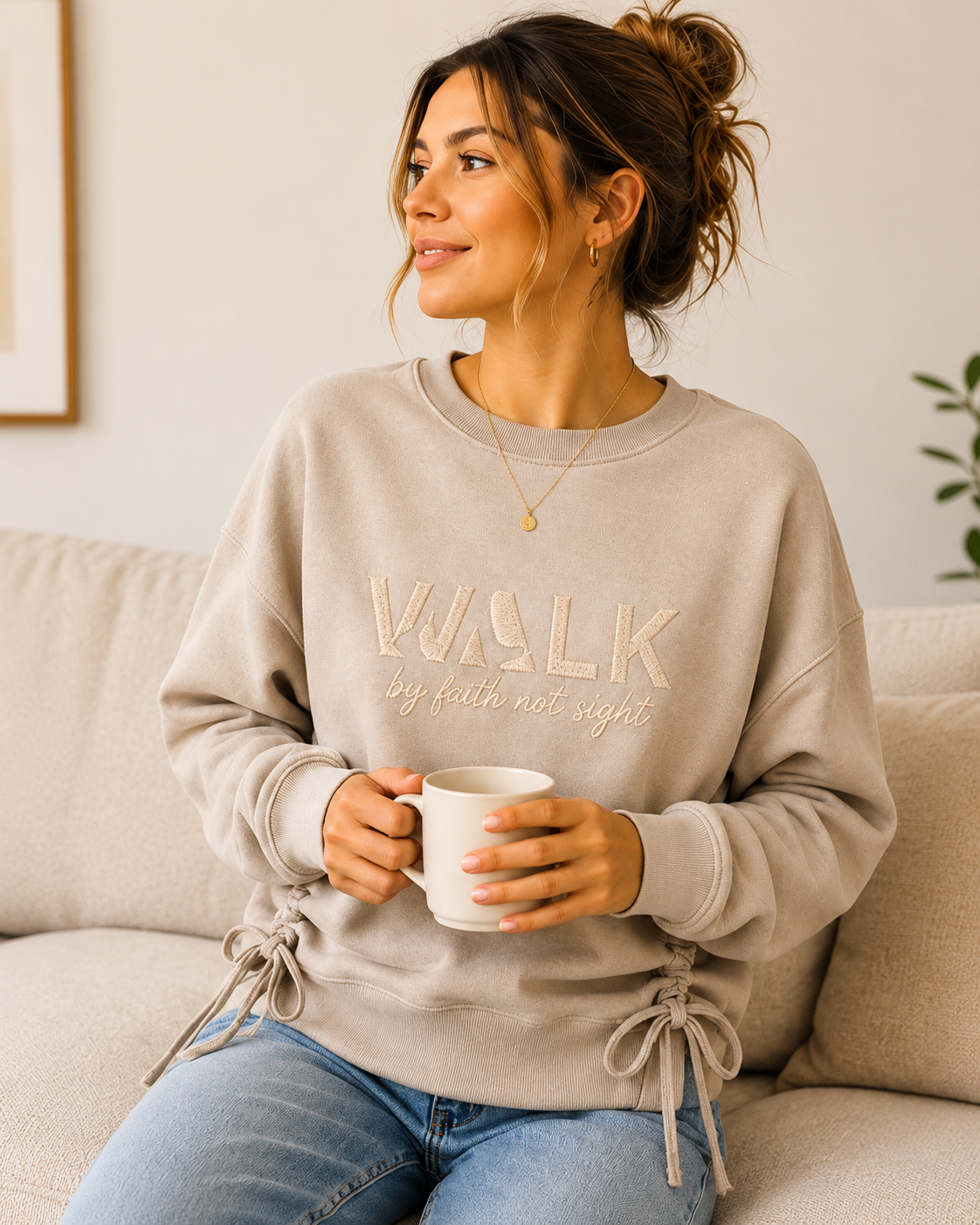 The Walk By Faith™ Embroidered Side Tie Sweatshirt | Champagne