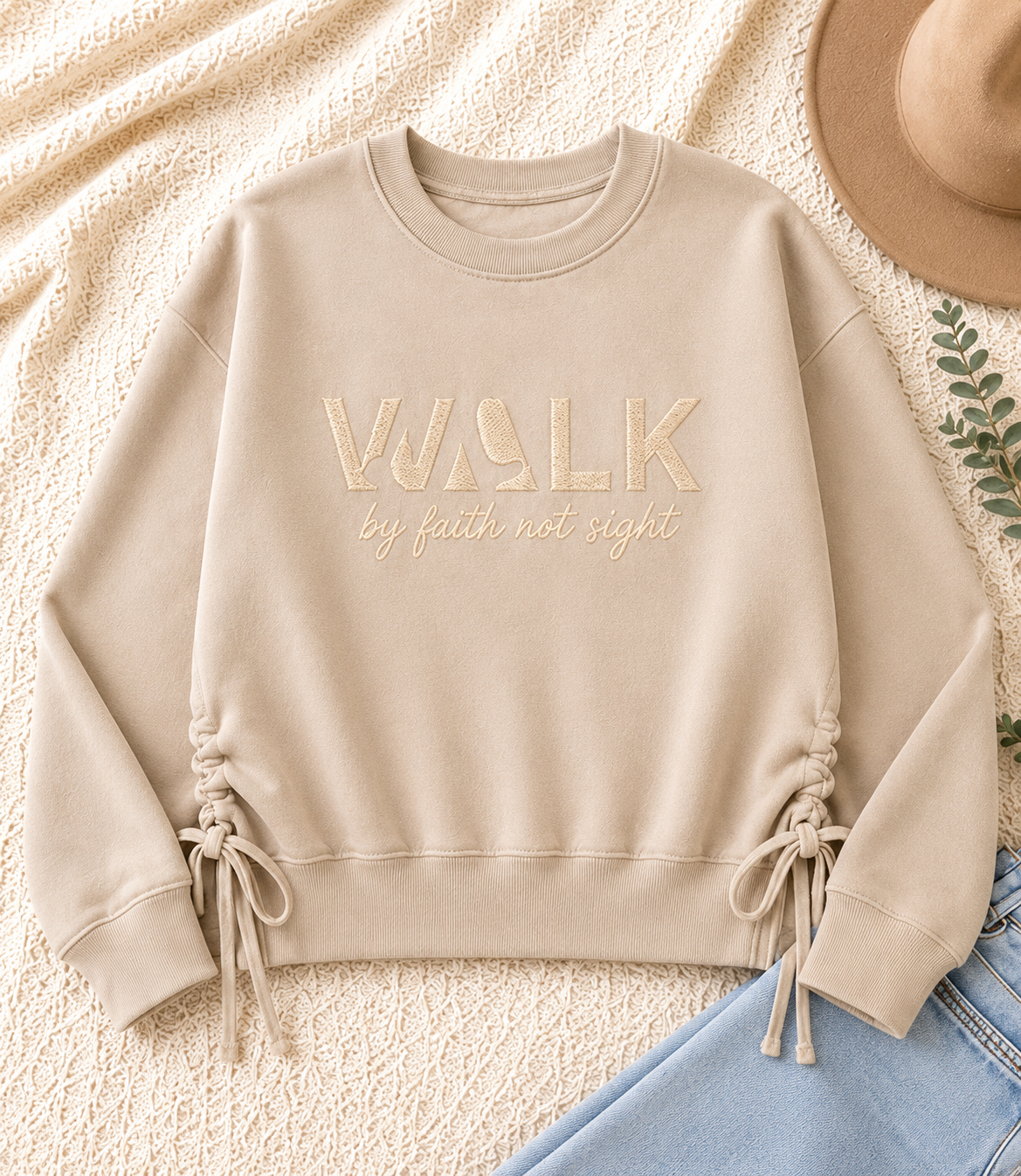 The Walk By Faith™ Embroidered Side Tie Sweatshirt | Champagne
